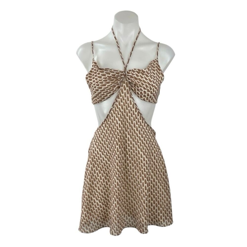 Hallelu Brown Geometric Halter Sleeveless Cutout Tie A Line Mini Dress Size M